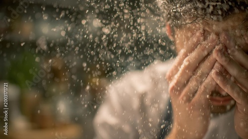 Close-up of a person's face, with their hands covering their face. the person appears to be in distress, with tears streaming down their cheeks and their eyes closed.