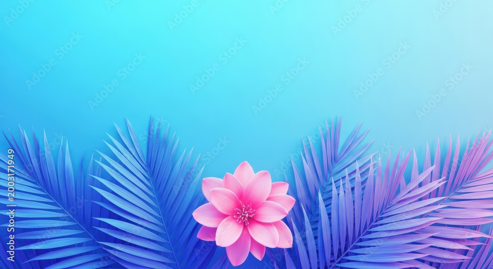 Obraz premium Floral Composition Background with Exotic Pink Flower Surrounded by Palm Leaves Tropical Design Spring Summer Theme Backdrop Wallpaper