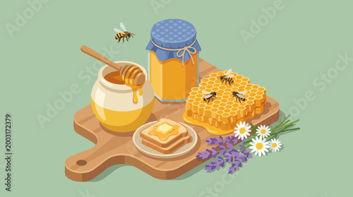 This delightful image portrays an array of honey products including jars, honeycomb, and a spoon, beautifully displayed on a wooden board with natural elements like bees and flowers.