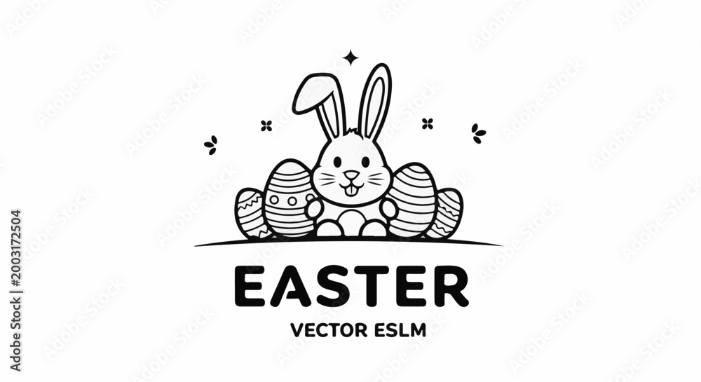 Obraz premium Cheerful bunny surrounded by decorated Easter eggs and small floral elements