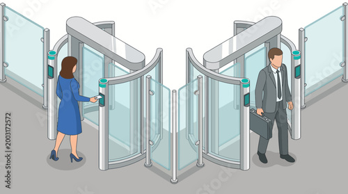 Two people passing through a modern turnstile entry system, highlighting security technology in an urban environment, representing safety and controlled access in public spaces.