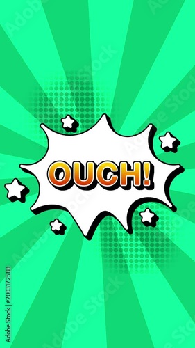 ouch text word lettering popup comic cartoon reveal with bomb and smoke explosion manga anime book page dots radial speed lines doodle teal background seamless loop vertical animation retro clip