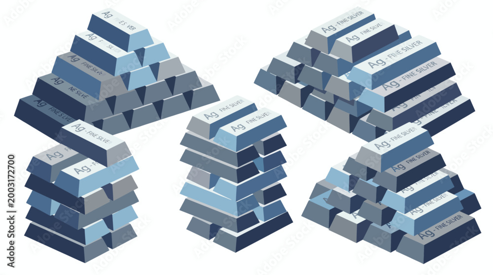 Fototapeta premium This vivid illustration showcases a collection of silver ingots arranged artistically, symbolizing wealth and value in a creative and modern visual format.