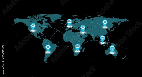Global Network Connections and Digital Data Flow Visualization on World Map with Location Pins and Connecting Lines