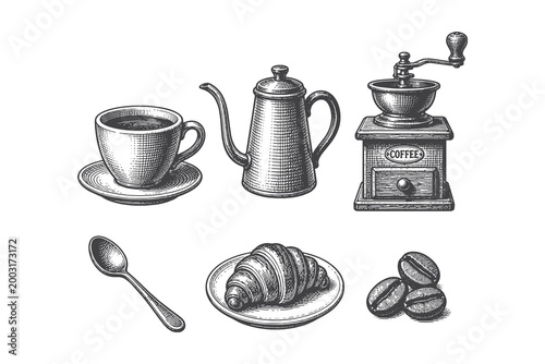 Elegant Coffee and Croissant Breakfast Set with Kettle and Manual Grinder in Vintage Hand Drawn Line Art Vector Illustration for Cafe Branding Materials