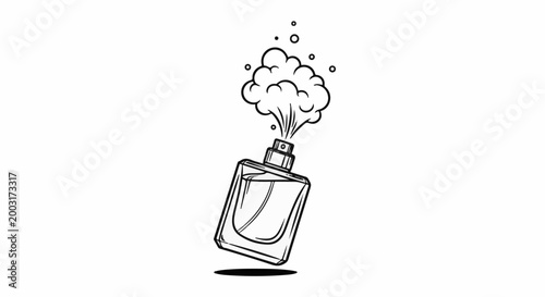 Hand-drawn perfume bottle spraying mist and bubbles