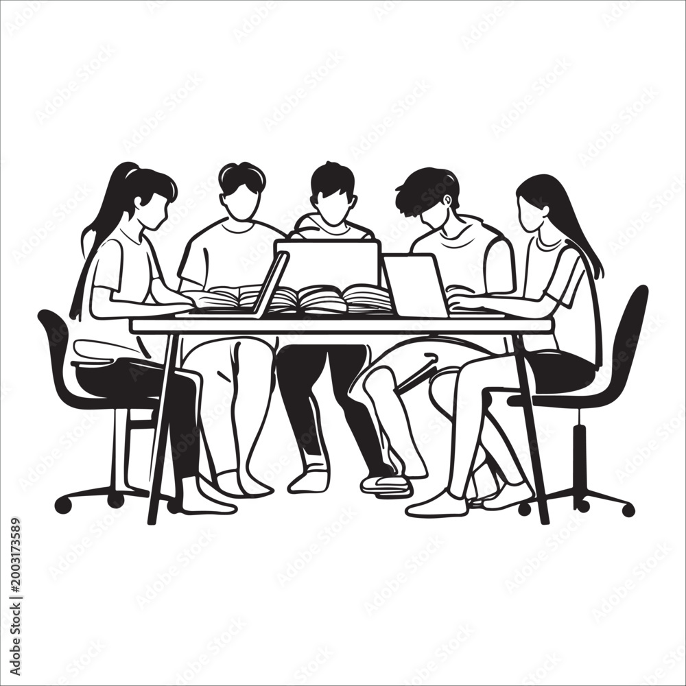 Fototapeta premium diverse students collaborating on laptops in modern study session illustration silhouette vector