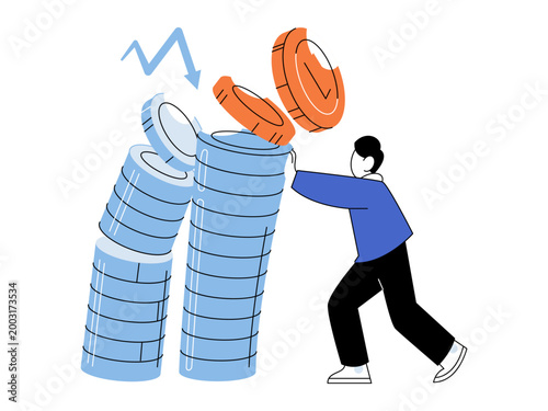 Man pushing falling coin stacks with a down arrow vector illustration. Financial crisis, market crash, bankruptcy, loss, inflation, instability. Human figure shoving piles of cash currency