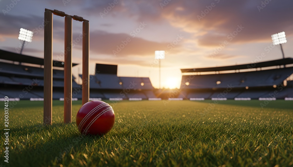 Fototapeta premium Close-up of a red leather ball and wickets on a green pitch for a cricket match in stadium sunset, representing sports competition and achievement concept with cinematic lighting