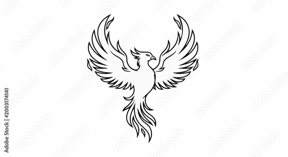 Fototapeta premium Stylized outline of a mythical bird with outstretched wings and tail