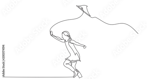 Single continuous line illustration of a girl flying a kite, capturing joyful movement with a flowing string and simple outline, playful outdoor scene, clean minimalist vector on white background.