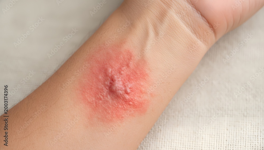 Fototapeta premium Close up view of an itchy rash on forearm showing severe red skin inflammation and bumpy irritation for medical dermatology and allergy diagnosis concept