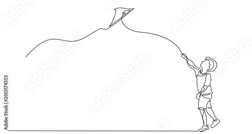 continuous line drawing of a boy flying a kite, joyful child motion with flowing string and simple outline, playful outdoor activity concept, clean vector illustration on white background.