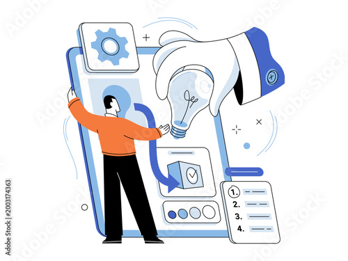 Person by tablet with lightbulb vector illustration. Startup growth, user design, content creation, project planning, work efficiency, business innovation. Human figure with digital pad and lamp