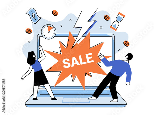 People reacting to huge sale banner on laptop screen vector illustration. E-commerce, marketing, discounts, shopping, urgency, business. Man and woman viewing computer monitor