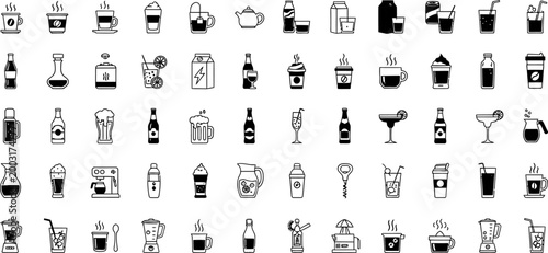 Black and white beverage including coffee, tea, cocktails, and various drink containers