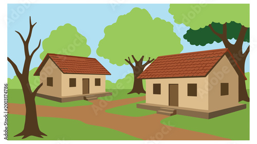 Fotografija Rustic houses in rural landscape with brown pathways and large green trees under blue sky