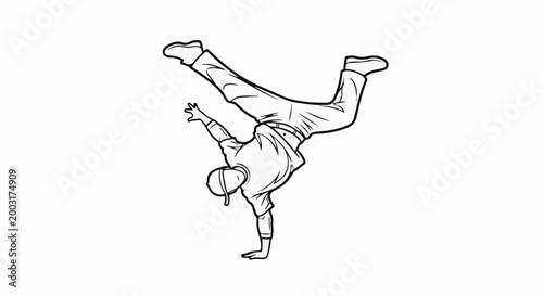A stylized drawing of a person performing a breakdancing freeze on one hand