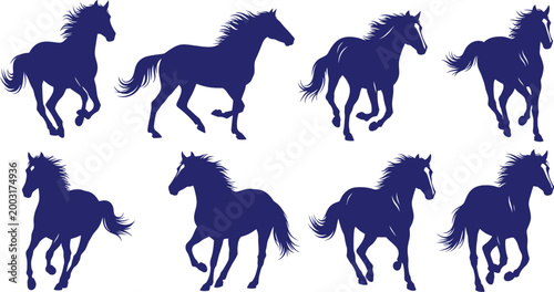 Collection of galloping horse silhouettes in various dynamic poses against a white background silhouette