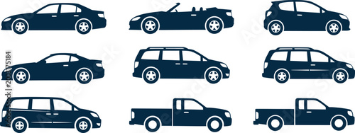Collection of various car silhouettes including sedan sports car suv van and pickup truck silhouette