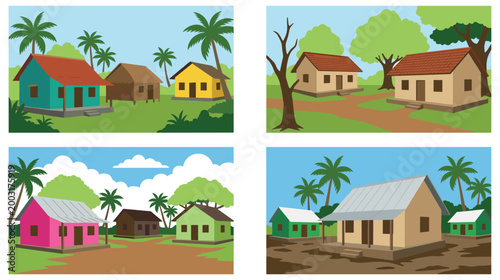 Four different scenes of rural village architecture with houses trees and natural terrain.