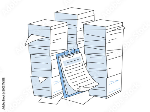 Three massive piles of paperwork and a blue clipboard vector illustration. Workload, tax season, bureaucracy, document storage, deadlines, archive. Stacks of sheets and a blue fastening board