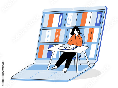 Girl reading at a desk inside a laptop vector illustration. Online education, digital library, remote study, distance learning, academic tech, elearning. Female student sitting near computer