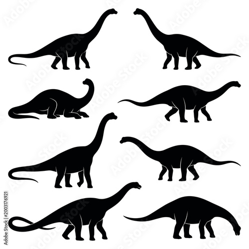 black and white vector silhouette set of brontosaurus rex