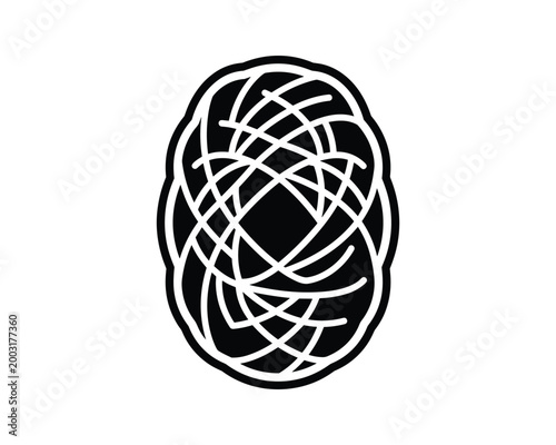 Stylized black and white vector art of a silk cocoon with intricate interwoven threads.