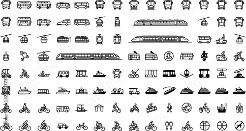 Collection of black transportation featuring public transit, bicycles, boats, and cable cars
