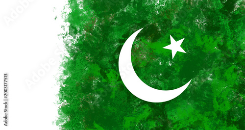 Grunge Green Painted Background with White Crescent Moon and Star Symbol