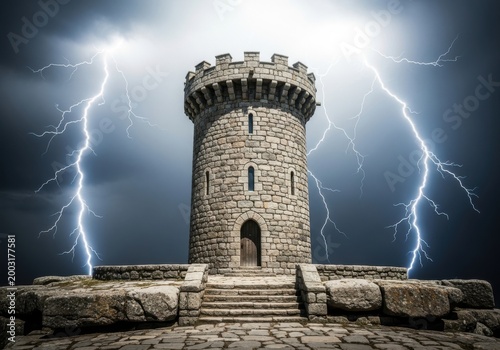 ancient stone tower struck by lightning in stormy night sky