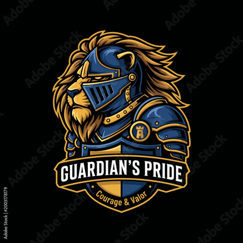 A bold emblem depicting a lion in knight armor, symbolizing courage and valor, embodying strength and bravery in a striking visual style.