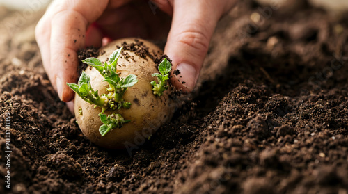Hand planting sprouted seed potato in dark fertile garden soil