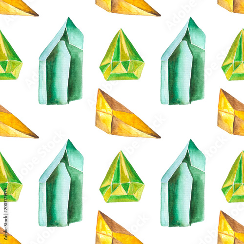 Quadro em tela seamless pattern of citrine, emerald, chrysolite or beryl watercolor on white background