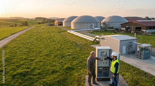 Biogas plant with farmers checking controls at sunset, rural landscape