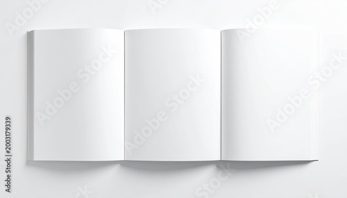 Open, blank, tri-fold brochure/booklet mockup in bright white studio light on a plain surface