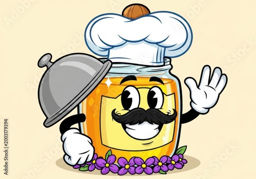 cartoon chef honey jar mascot waving with kitchen utensils and flowers