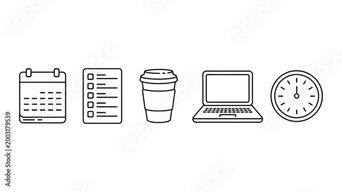 Business planning doodle icons set, hand drawn productivity vector illustration including calendar, checklist, coffee, laptop, and clock, simple sketch style for time management, office tools.