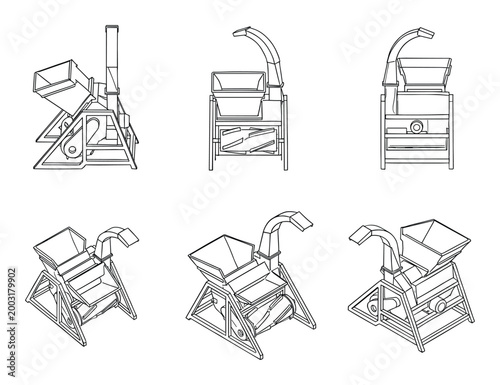 Black and white line art vector of a shredder machine blueprint with multiple views