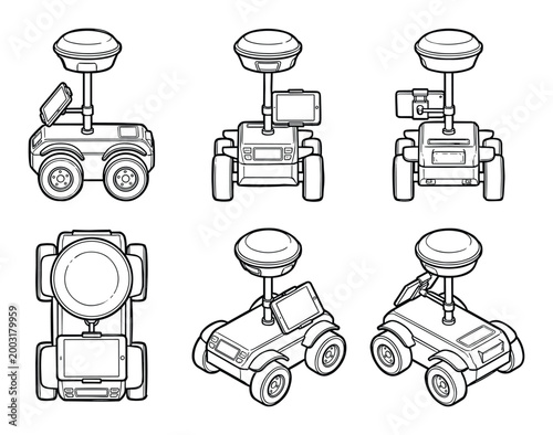 Vector black and white line art of a mobile surveying robot with GPS sensor and tablet display.