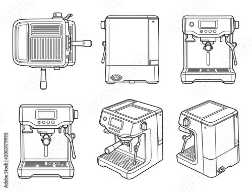 Vector outline espresso machines illustrated from multiple angles for coffee preparation projects.
