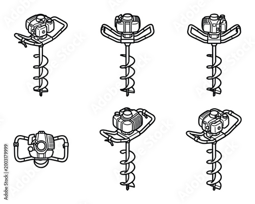 Vector outline illustrations of gas-powered earth augers for digging and construction tasks.