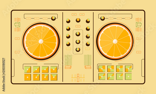 Premium Minimalist DJ Controller Illustration with Fresh Orange Slices - Creative Music and Beverage Branding Concept Art