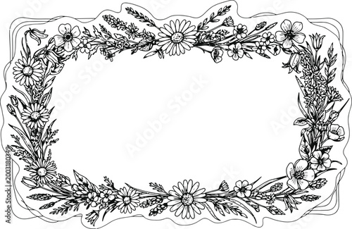 Foto Delicate Wildflower Border with Botanical Elements and Organic Edges in Monochro