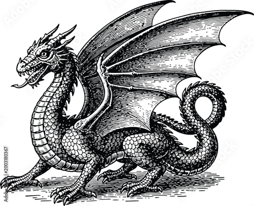 Slika na platnu Detailed vintage engraving of a mythical winged dragon with scales and horns aga