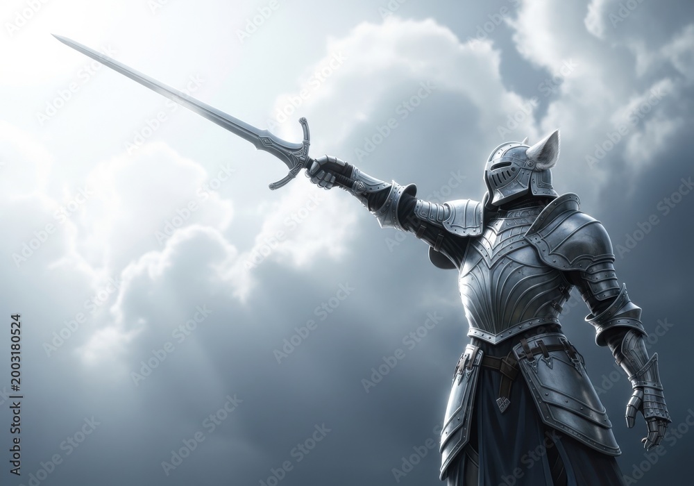 Naklejka premium futuristic knight in silver armor raising sword against stormy sky