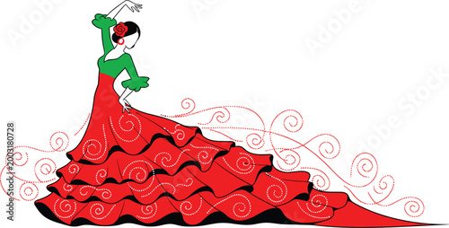 Flamenco Dancer in Red Dress with Swirling Skirt and Floral Hair Accessory Spanish Dance Illustration Vector Art Collection