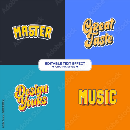 Set Editable text style effect - Master, Taste, Design, Music text style theme.