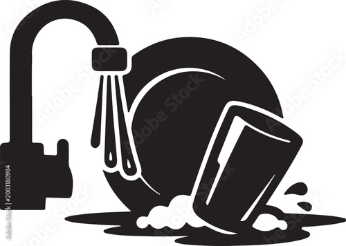 Sink with running water washing dirty dishes and a glass with splashes sink area kitchen sink cleaning supplies